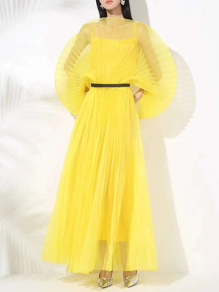 LANMREM Elegant Long Dress For Women Bubble Sleeves Thin Fabric With Sling Dresses 2 Pieces Together Party Clothing 2025 2DB1542