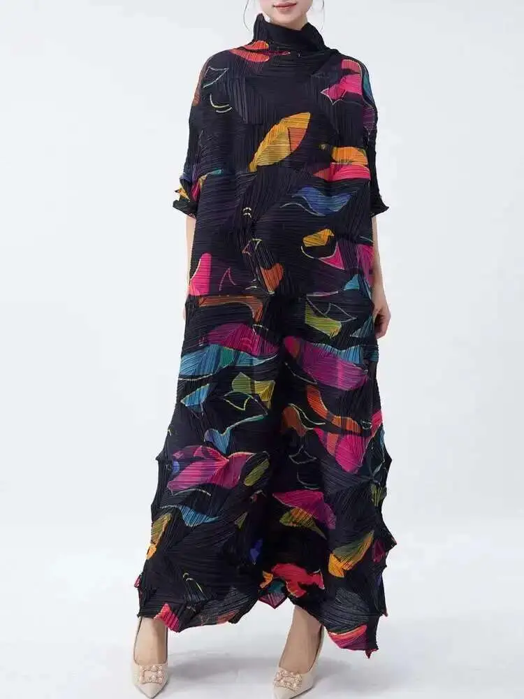 LANMREM Large Size Pleated Dress For Women Turtleneck Printing Loose Dresses Female Casual Clothing 2025 Spring New 2DB2113