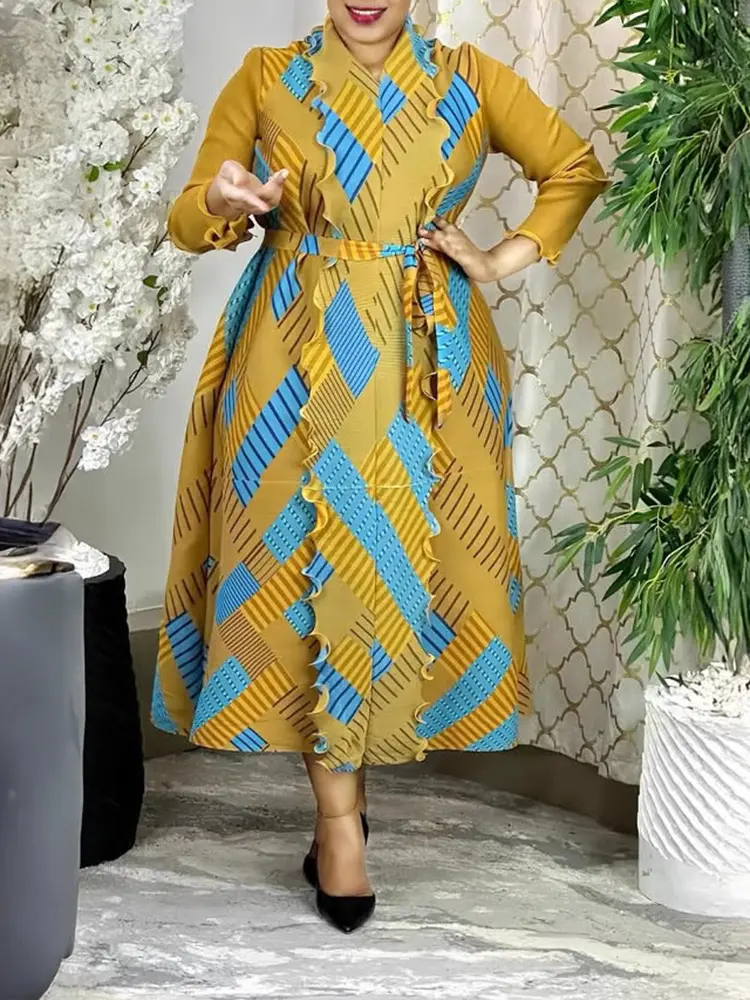 LANMREM Niche Chic Women's Clothing Geometric Printting Elegant Loose Elastic Long Sleeve Ruffled Spliced Design Dresses 2DB3478