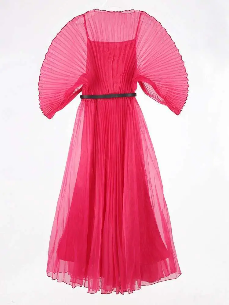 LANMREM Elegant Long Dress For Women Bubble Sleeves Thin Fabric With Sling Dresses 2 Pieces Together Party Clothing 2025 2DB1542