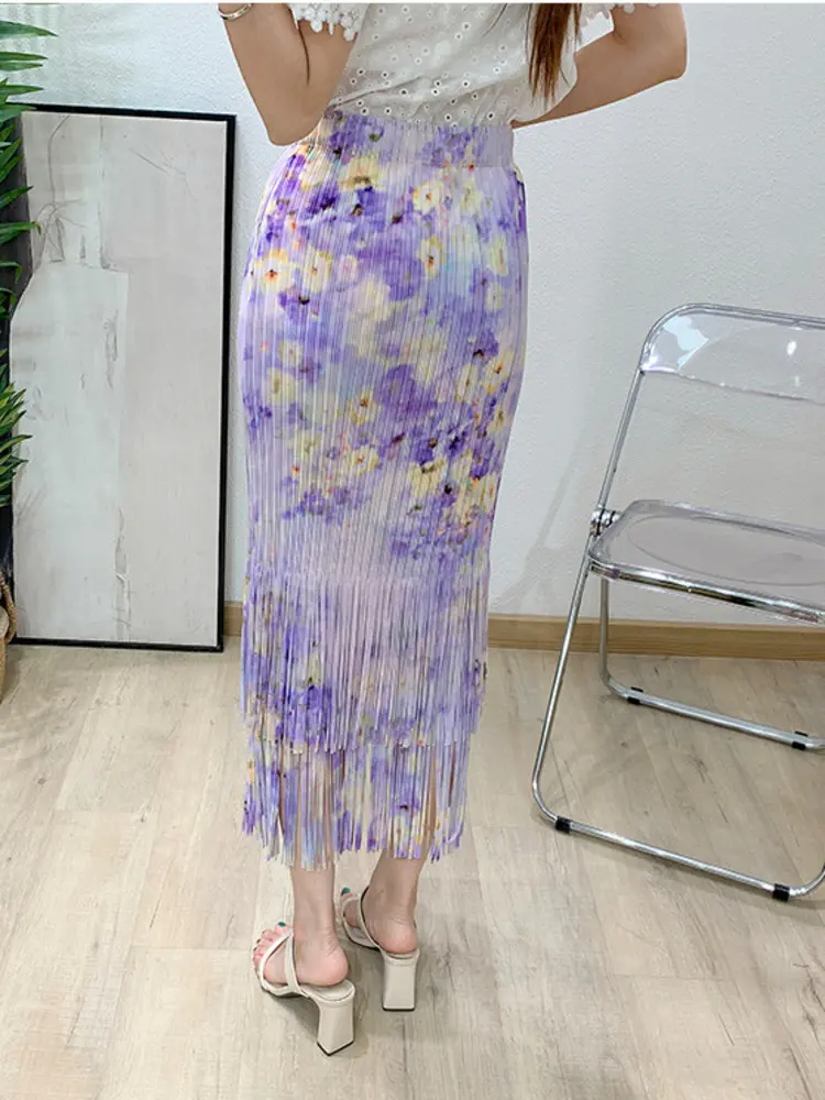 LANMREM Summer 2025 New Pleated Skirts Women's Casual Elastic Waist Printed Double-layer Tassel Long Skirt With Pockets 2DB2733