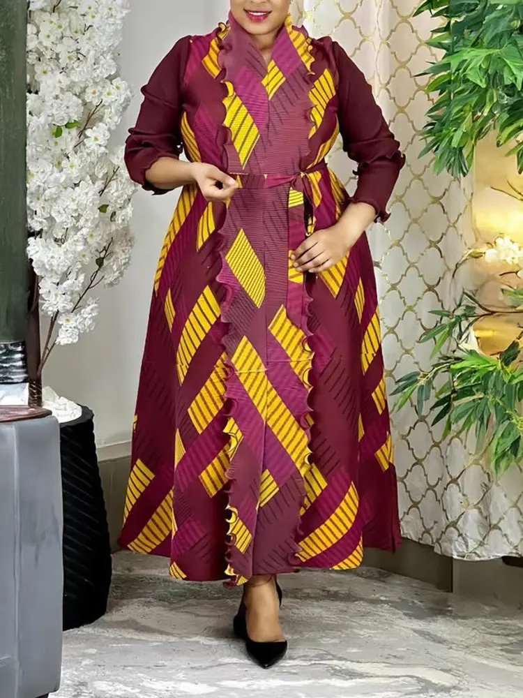 LANMREM Niche Chic Women's Clothing Geometric Printting Elegant Loose Elastic Long Sleeve Ruffled Spliced Design Dresses 2DB3478