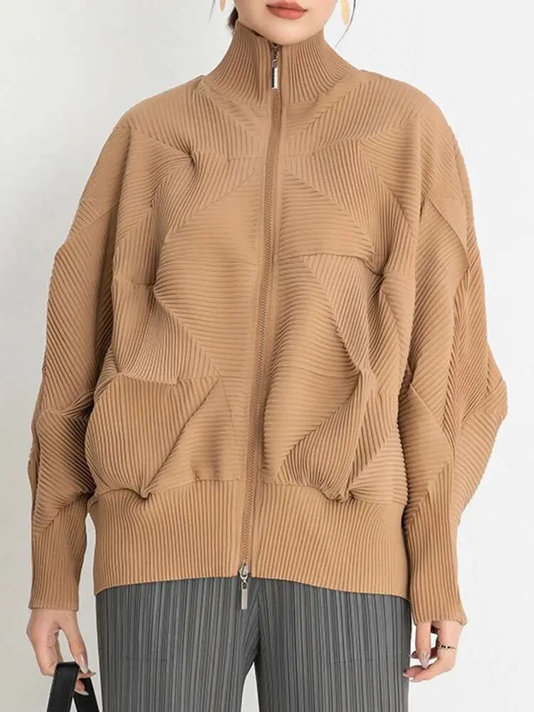 LANMREM Pleated Shirt For Women Long Sleeves Stand Collar Zipper Fold Design Female High End Fashion Top 2025 Spring New 2DA3704