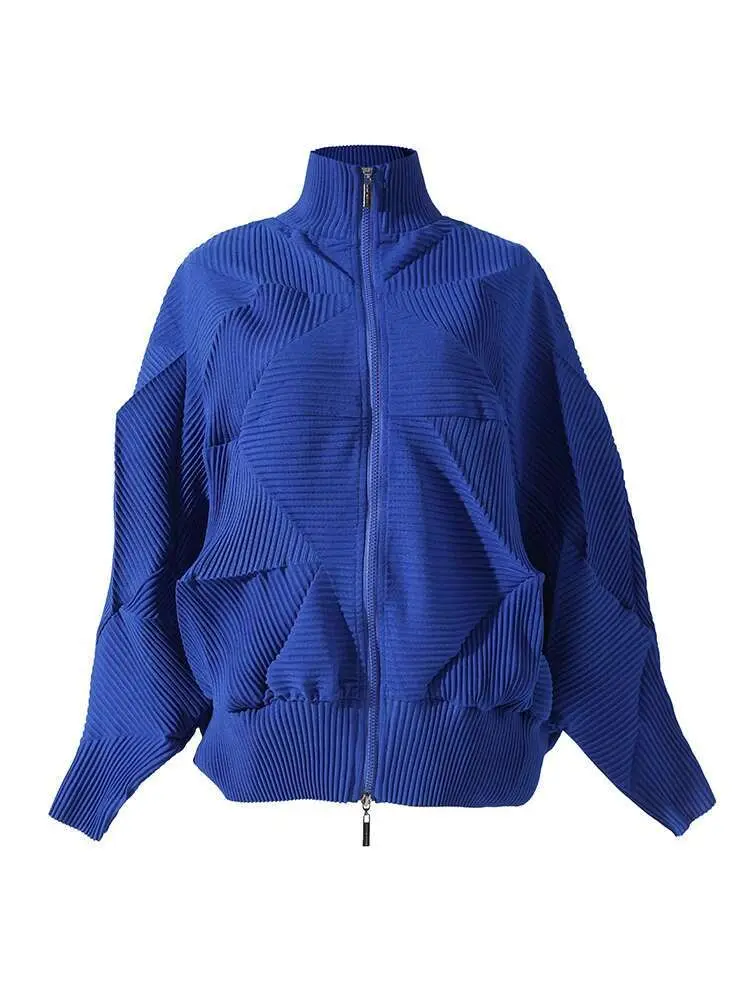 LANMREM Pleated Shirt For Women Long Sleeves Stand Collar Zipper Fold Design Female High End Fashion Top 2025 Spring New 2DA3704