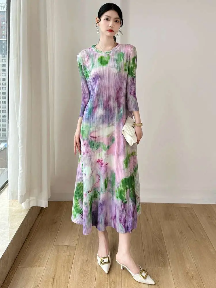 LANMREM Pleated Elegant Printed Women's Dress Round Neck Casual Versatile Long Dresses Female Fashion 2025 Spring Summer 2DE419