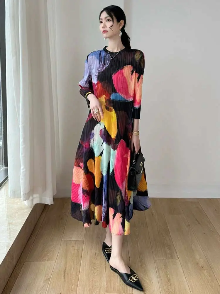 LANMREM Pleated Elegant Printed Women's Dress Round Neck Casual Versatile Long Dresses Female Fashion 2025 Spring Summer 2DE419