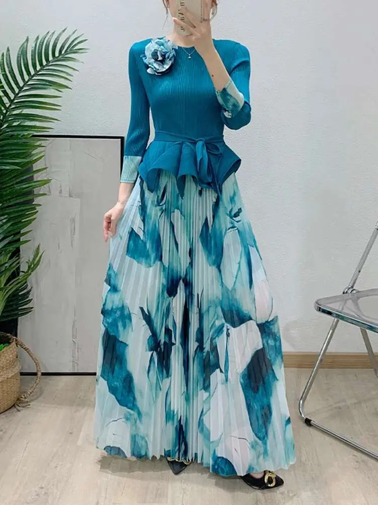 LANMREM High Quality Pleated Two Pieces Set Men's Tied Waist Irregular Hem T-shirt And Elastic Waist Print Skirt Sets 2DB2488