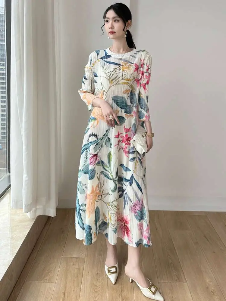 LANMREM Pleated Elegant Printed Women's Dress Round Neck Casual Versatile Long Dresses Female Fashion 2025 Spring Summer 2DE419