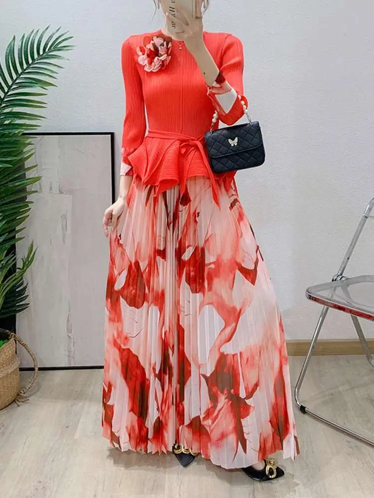 LANMREM High Quality Pleated Two Pieces Set Men's Tied Waist Irregular Hem T-shirt And Elastic Waist Print Skirt Sets 2DB2488