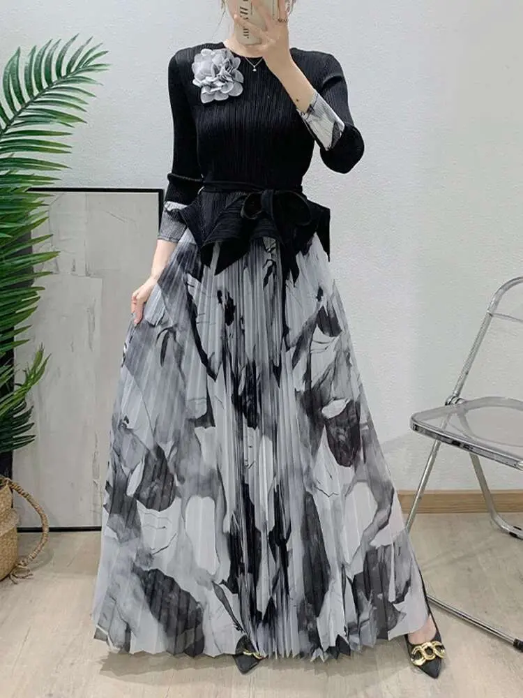 LANMREM High Quality Pleated Two Pieces Set Men's Tied Waist Irregular Hem T-shirt And Elastic Waist Print Skirt Sets 2DB2488