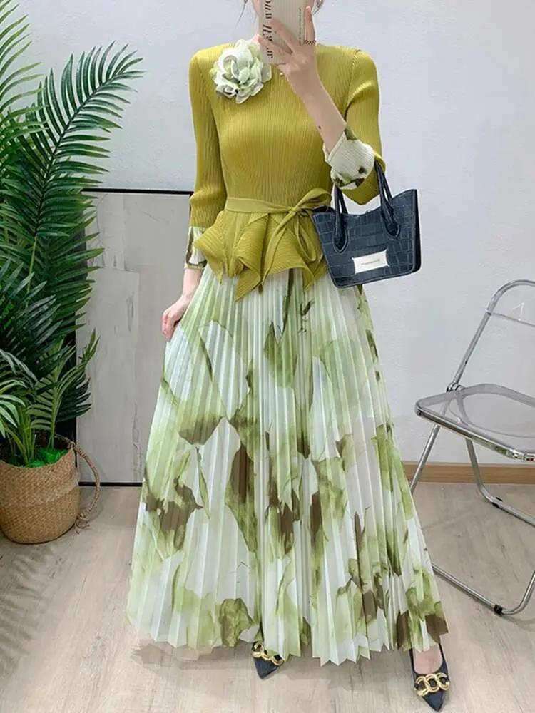LANMREM High Quality Pleated Two Pieces Set Men's Tied Waist Irregular Hem T-shirt And Elastic Waist Print Skirt Sets 2DB2488