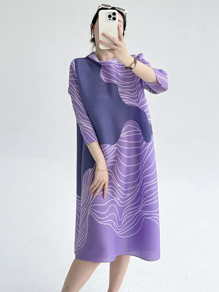 LANMREM 2025 Summer New Purple Striped Print Loose Dress Women's Chic New Elegant Slimming Wrise Sleeve Pleated Dresses 2DB3589