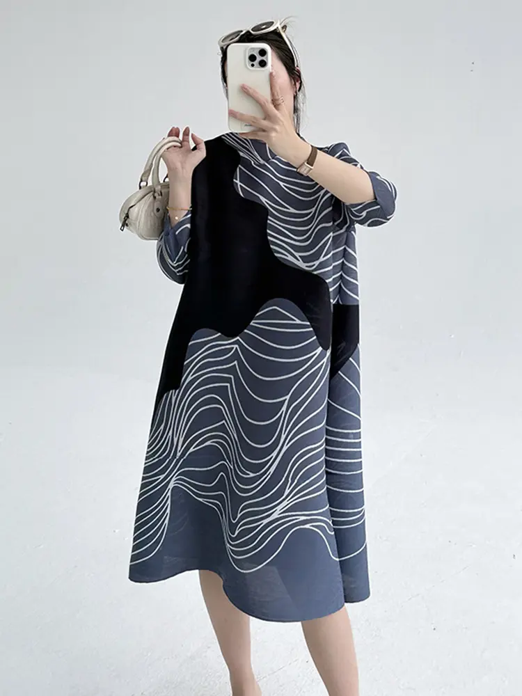 LANMREM 2025 Summer New Purple Striped Print Loose Dress Women's Chic New Elegant Slimming Wrise Sleeve Pleated Dresses 2DB3589
