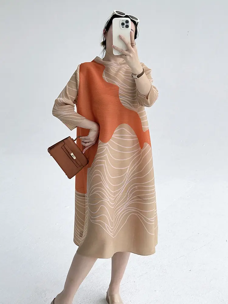LANMREM 2025 Summer New Purple Striped Print Loose Dress Women's Chic New Elegant Slimming Wrise Sleeve Pleated Dresses 2DB3589