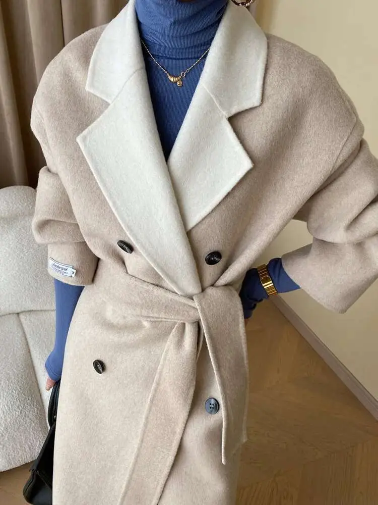 LANMREM High End Double-sided Woolen Coat Women Lapel Long Sleeves Double Breasted Wool Coats Fashion 2024 Winter 2DA8033