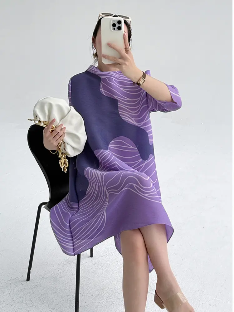 LANMREM 2025 Summer New Purple Striped Print Loose Dress Women's Chic New Elegant Slimming Wrise Sleeve Pleated Dresses 2DB3589