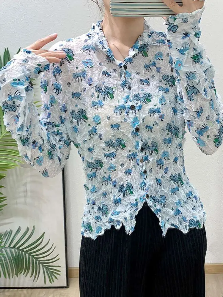 LANMREM Coffee Handmade Pleated Printing Design Women's Shirt Single Breasted Slim Eleastic Blouse Casual Chic Tops New 2DB3281