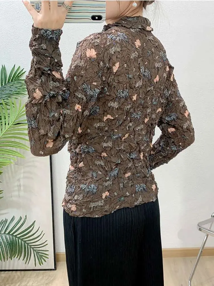 LANMREM Coffee Handmade Pleated Printing Design Women's Shirt Single Breasted Slim Eleastic Blouse Casual Chic Tops New 2DB3281