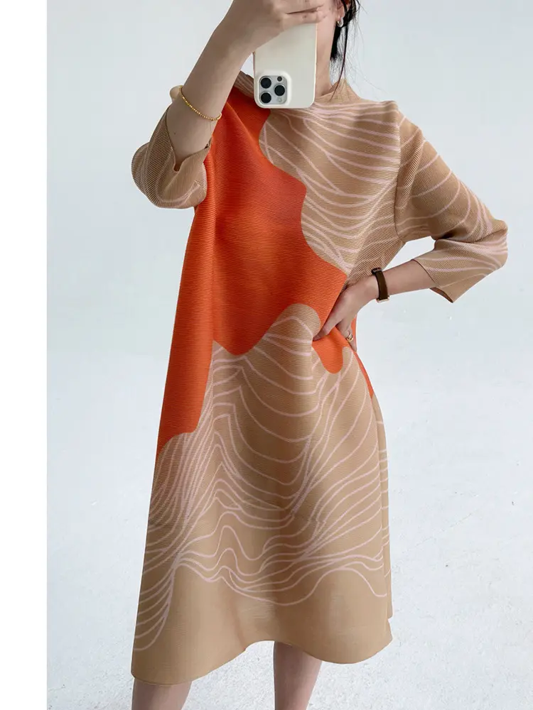 LANMREM 2025 Summer New Purple Striped Print Loose Dress Women's Chic New Elegant Slimming Wrise Sleeve Pleated Dresses 2DB3589