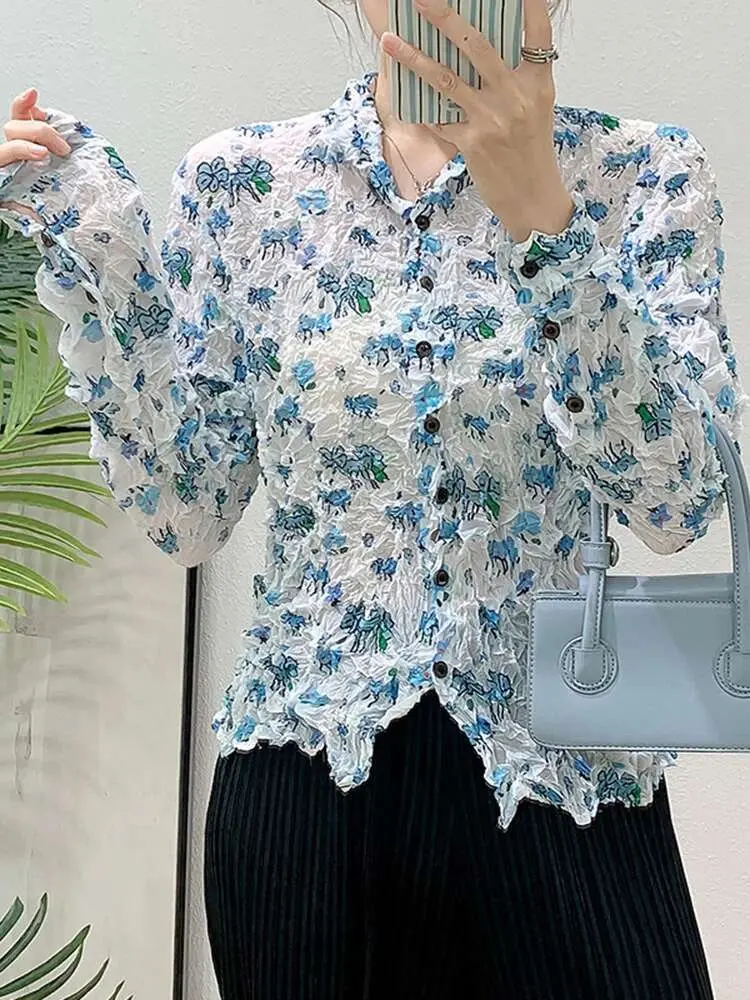 LANMREM Coffee Handmade Pleated Printing Design Women's Shirt Single Breasted Slim Eleastic Blouse Casual Chic Tops New 2DB3281
