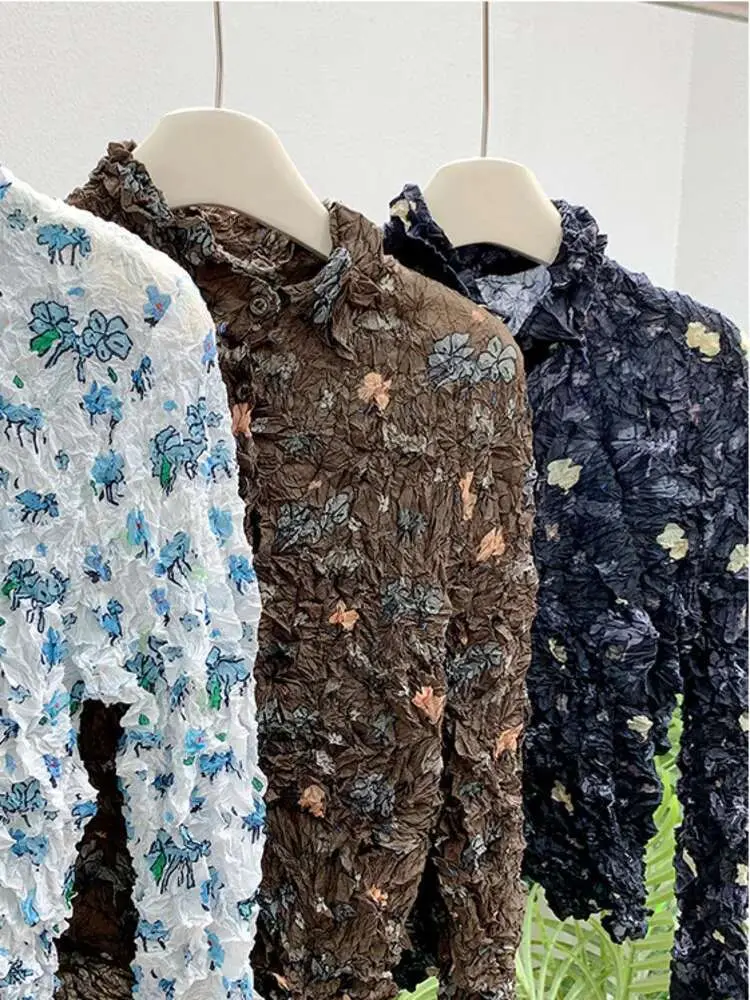 LANMREM Coffee Handmade Pleated Printing Design Women's Shirt Single Breasted Slim Eleastic Blouse Casual Chic Tops New 2DB3281