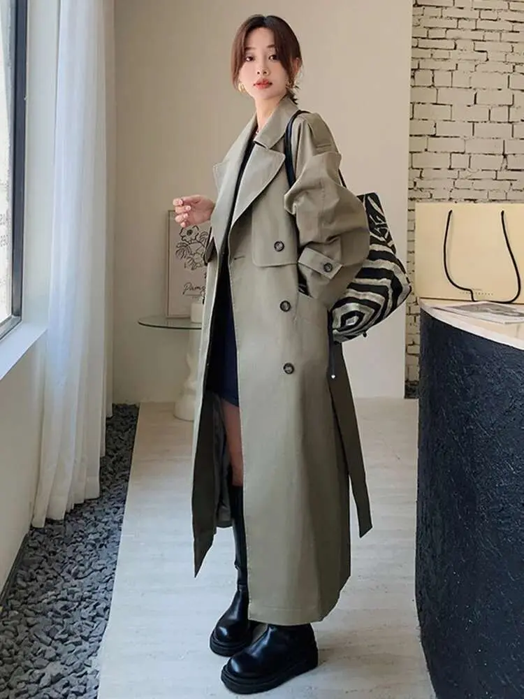LANMREM Loose Trench Coat For Women Solid Color Lapel Double Breasted Fashion Long Windbreaker With Belt 2025 Spring New 2R6954