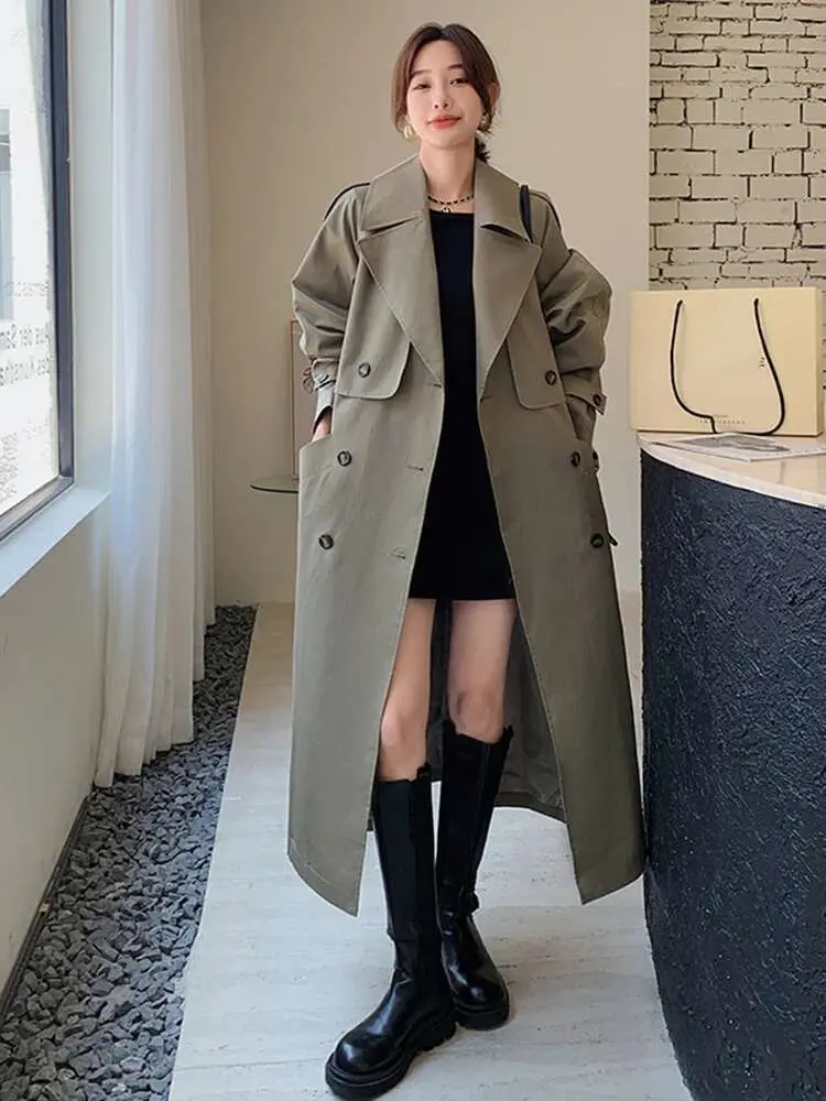 LANMREM Loose Trench Coat For Women Solid Color Lapel Double Breasted Fashion Long Windbreaker With Belt 2025 Spring New 2R6954