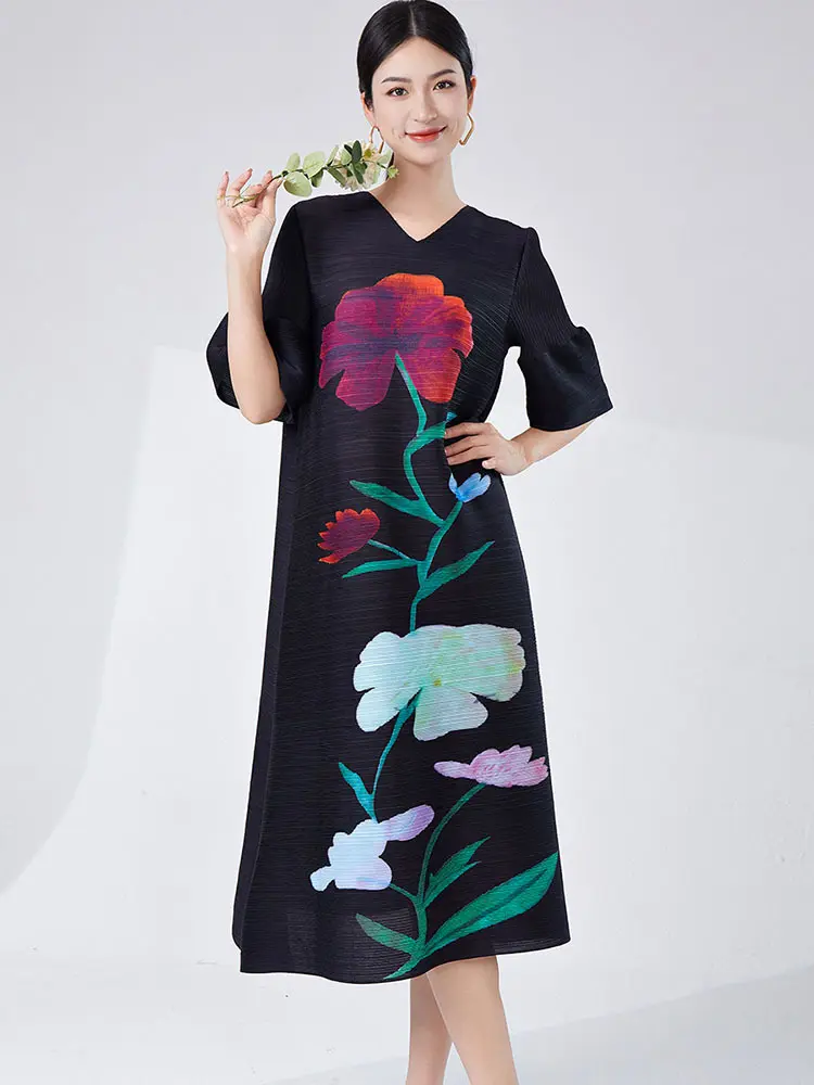 LANMREM Flower Printing Dress Women's Short Lantern Sleeves Loose Vintage Style Female Evening Clothing 2025 Summer New 2DA7892