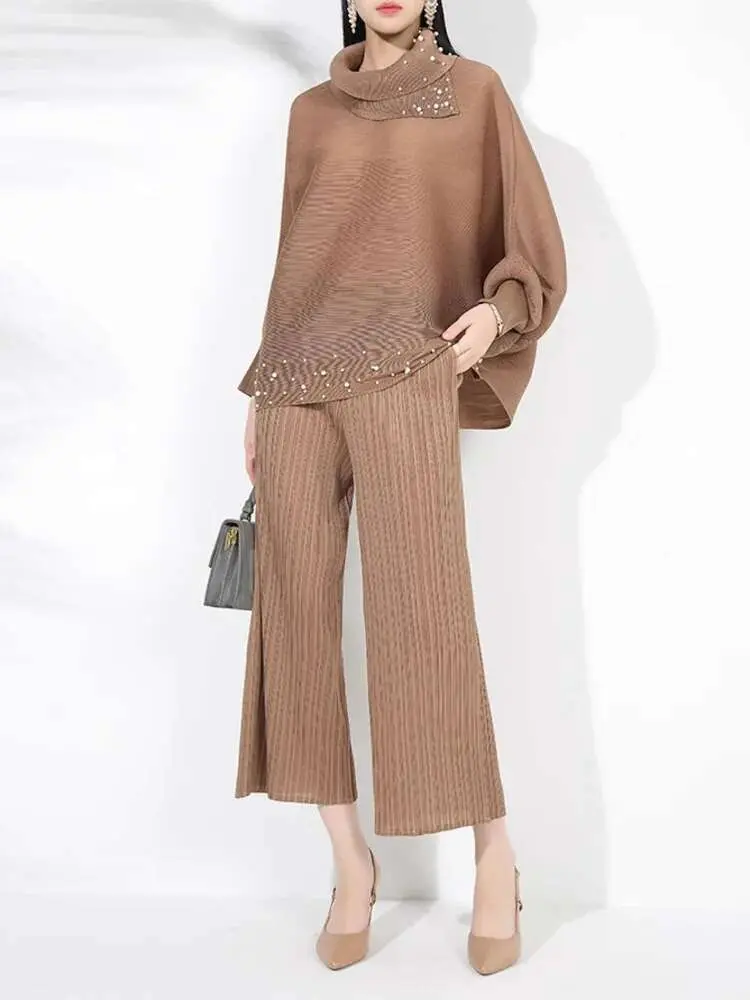 LANMREM 2 Pieces Pants Sets Women Beading Long Sleeves Lapel Loose Shirt + Wide Leg Solid Color Trousers Female Elegant 2DB1442
