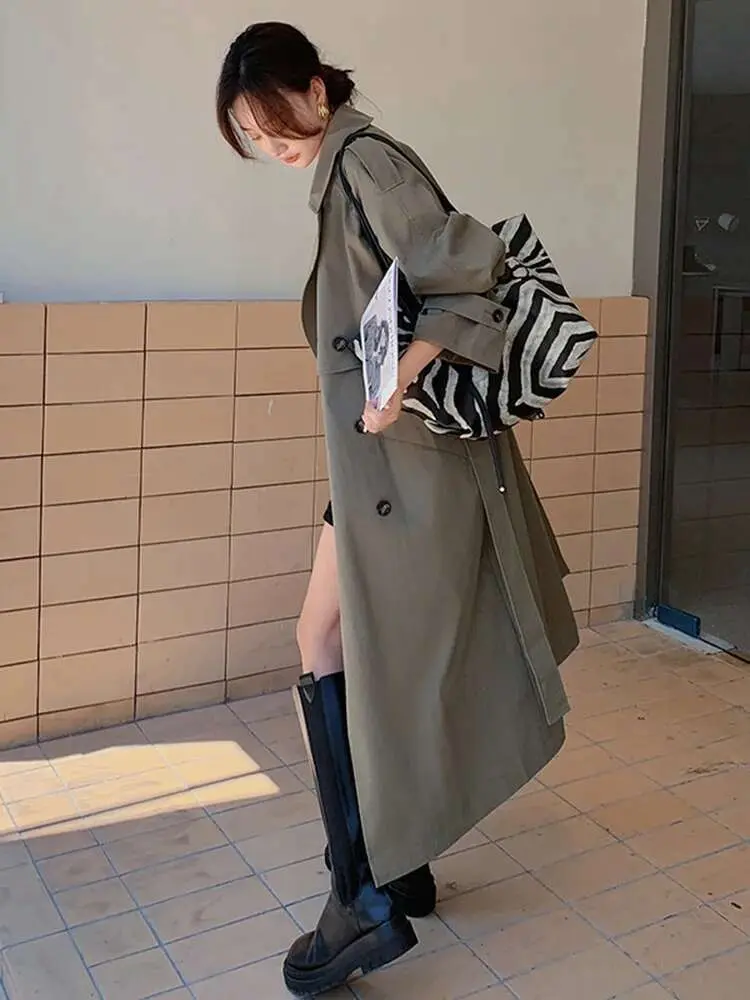 LANMREM Loose Trench Coat For Women Solid Color Lapel Double Breasted Fashion Long Windbreaker With Belt 2025 Spring New 2R6954