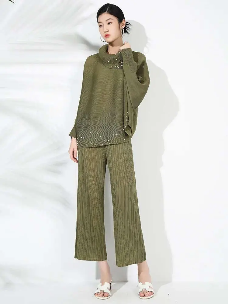 LANMREM 2 Pieces Pants Sets Women Beading Long Sleeves Lapel Loose Shirt + Wide Leg Solid Color Trousers Female Elegant 2DB1442