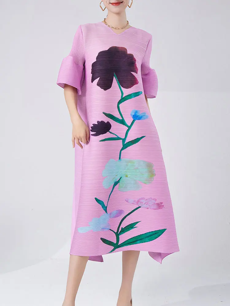 LANMREM Flower Printing Dress Women's Short Lantern Sleeves Loose Vintage Style Female Evening Clothing 2025 Summer New 2DA7892