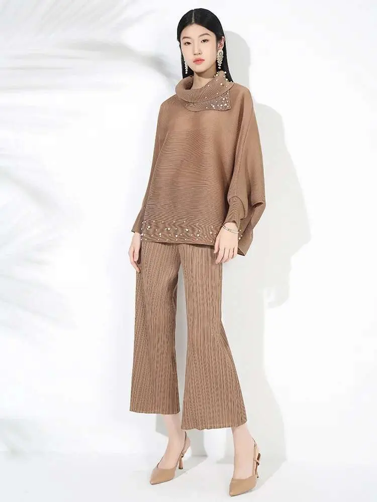 LANMREM 2 Pieces Pants Sets Women Beading Long Sleeves Lapel Loose Shirt + Wide Leg Solid Color Trousers Female Elegant 2DB1442