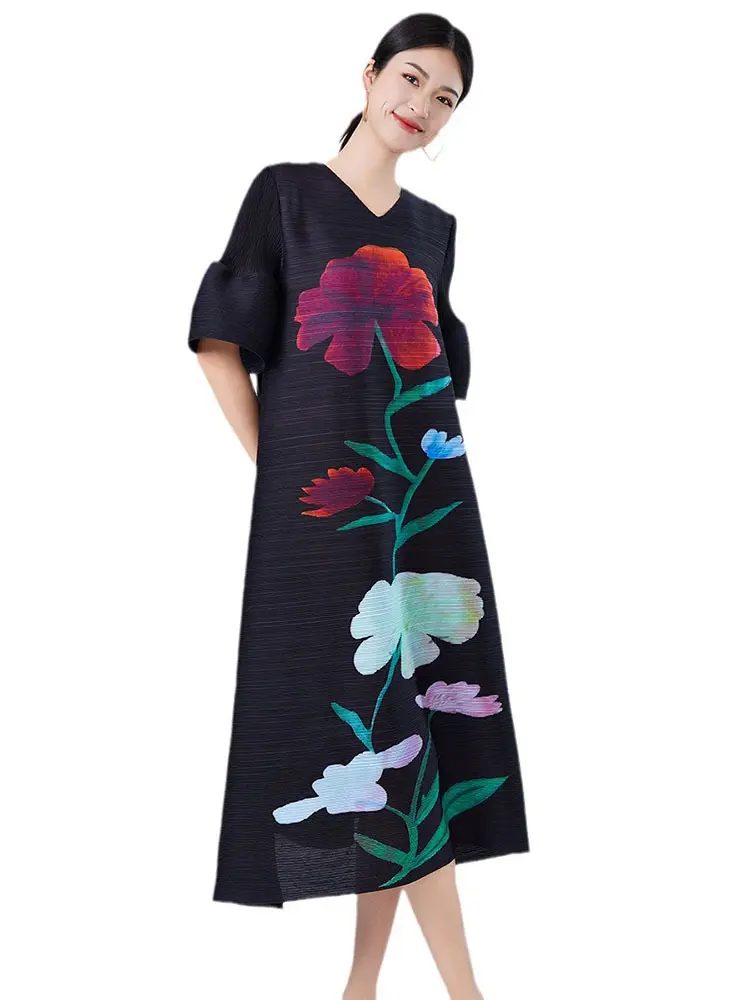 LANMREM Flower Printing Dress Women's Short Lantern Sleeves Loose Vintage Style Female Evening Clothing 2025 Summer New 2DA7892