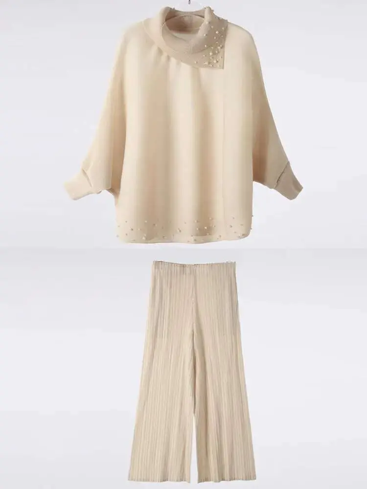 LANMREM 2 Pieces Pants Sets Women Beading Long Sleeves Lapel Loose Shirt + Wide Leg Solid Color Trousers Female Elegant 2DB1442