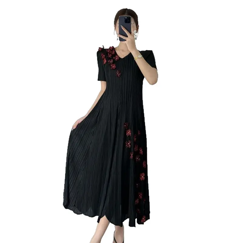 LANMREM French Elegant Loose Pleated Women's Dress Short Sleeve V Collar Famale Clothing With Appliques Summer Dresses 2DB3435
