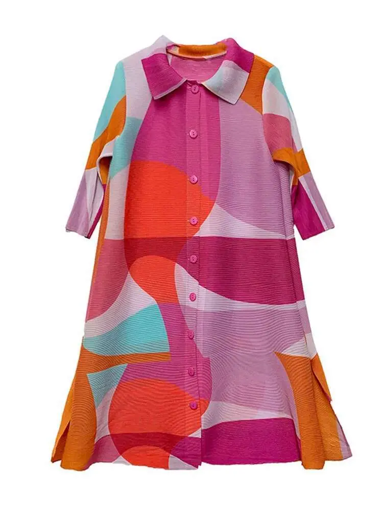 LANMREM Color Block Pleated Dress For Women Lapel Single Breasted Three Quarter Sleeves Loose Dresses Female 2025 Summer 2R2741