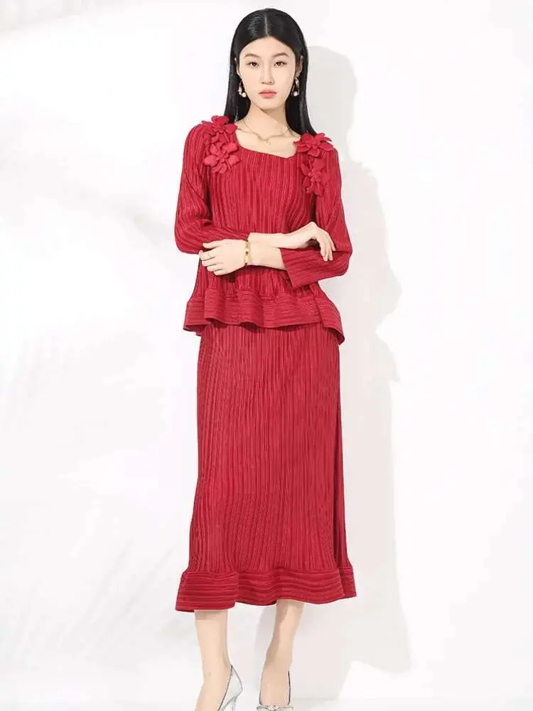 LANMREM Elegant Women's Pleated Set Square Collar Patchwork Flower Ruffled Tops Fishtail Skirt Fashion 2025 Spring New 2DE256