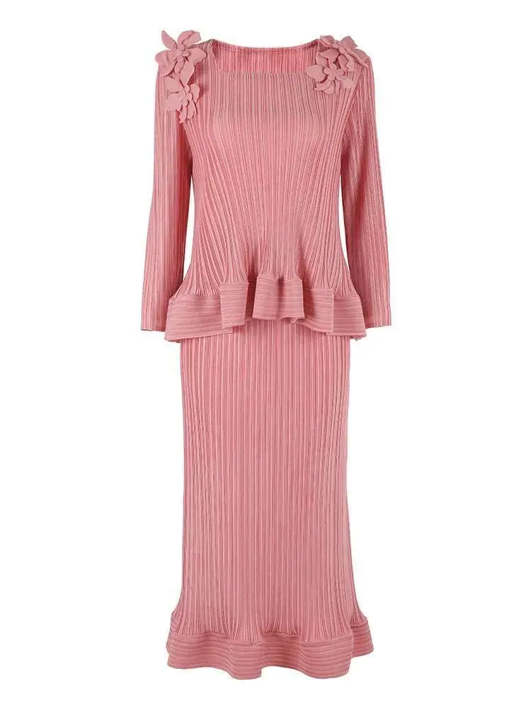 LANMREM Elegant Women's Pleated Set Square Collar Patchwork Flower Ruffled Tops Fishtail Skirt Fashion 2025 Spring New 2DE256
