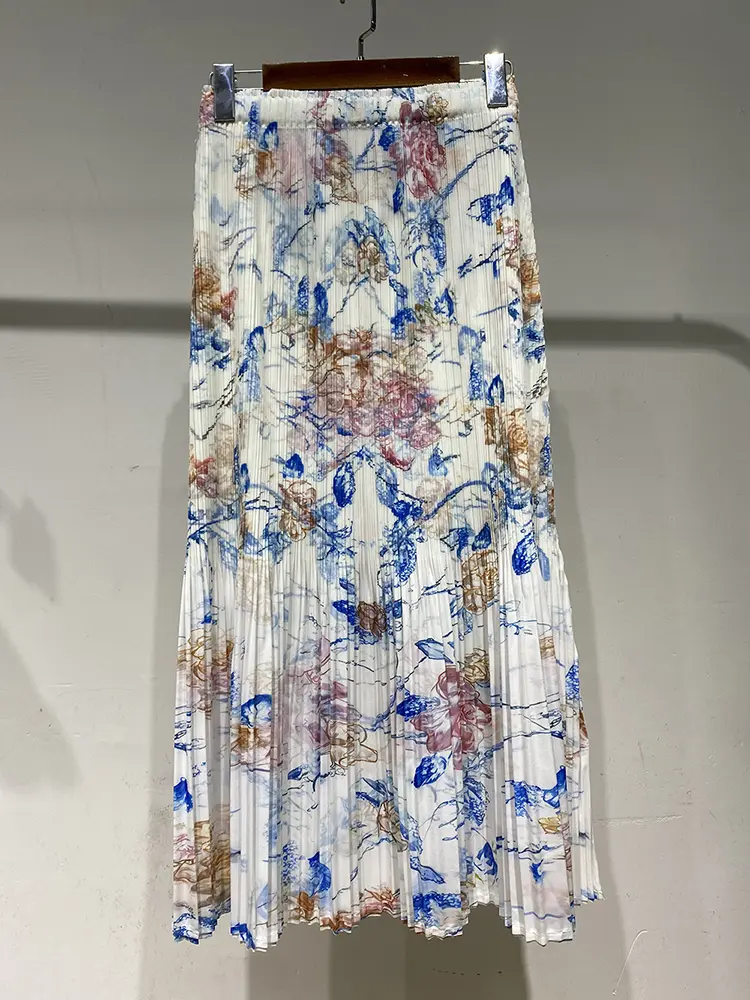 LANMREM Pleated Skirts 2025 Summer New Niche Color-gradation Printing‌‌ Design Women's Tide Elastic Waist Long Skirts 2DB2783