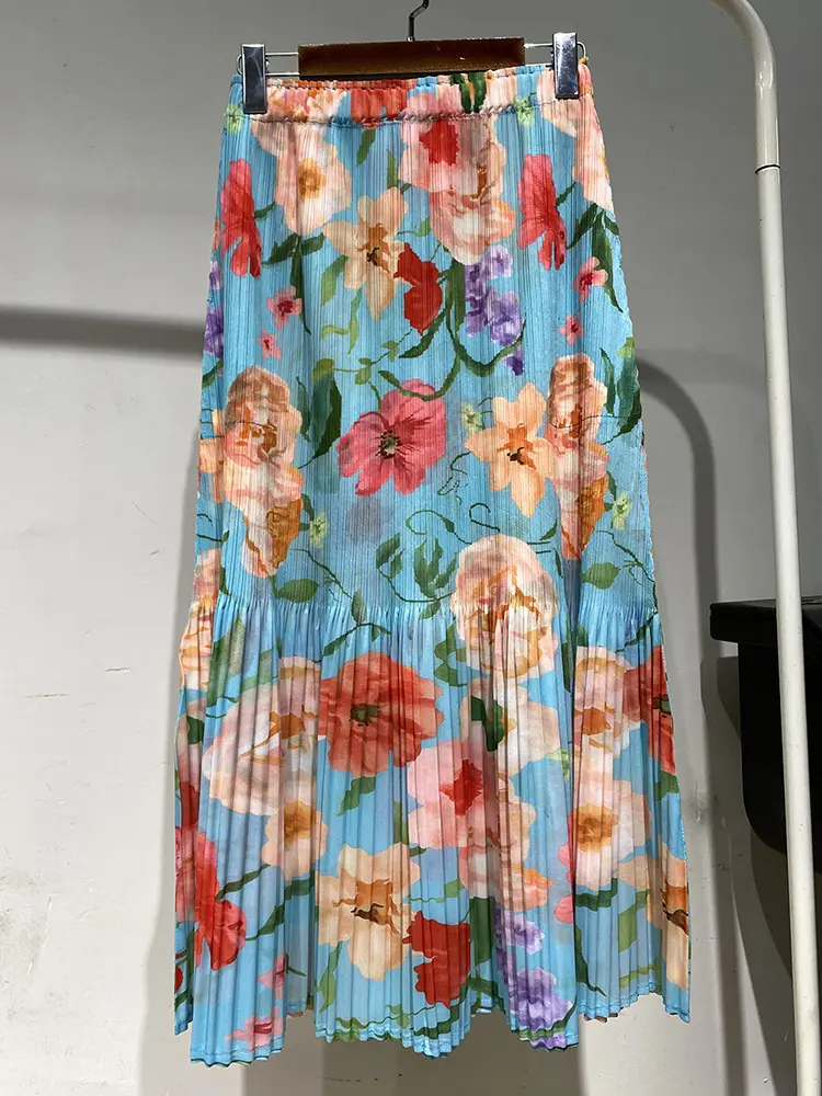 LANMREM Pleated Skirts 2025 Summer New Niche Color-gradation Printing‌‌ Design Women's Tide Elastic Waist Long Skirts 2DB2783