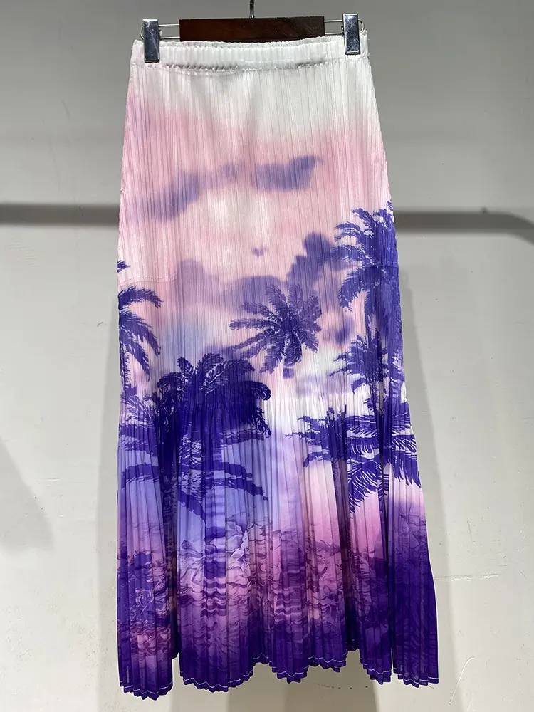 LANMREM Pleated Skirts 2025 Summer New Niche Color-gradation Printing‌‌ Design Women's Tide Elastic Waist Long Skirts 2DB2783