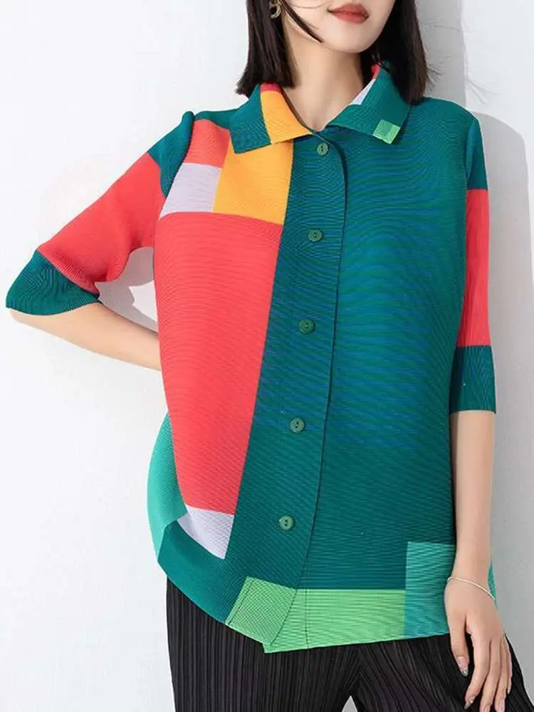 LANMREM Color Block Printed Pleated Shirt For Women Lapel Single Breasted Short Sleeves Fashion Tide Tops 2025 New 2YA3757