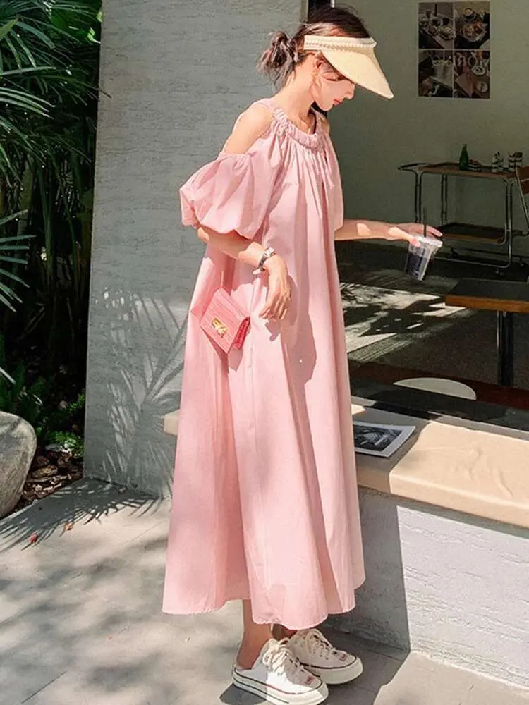 LANMREM Casual Loose Women's Dress Hollow Out Sleeves Design Solid Color A-line Long Dresses Fashion 2024 New Clothing 2AA5170