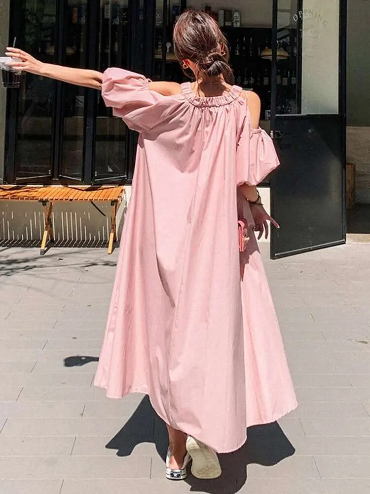 LANMREM Casual Loose Women's Dress Hollow Out Sleeves Design Solid Color A-line Long Dresses Fashion 2024 New Clothing 2AA5170
