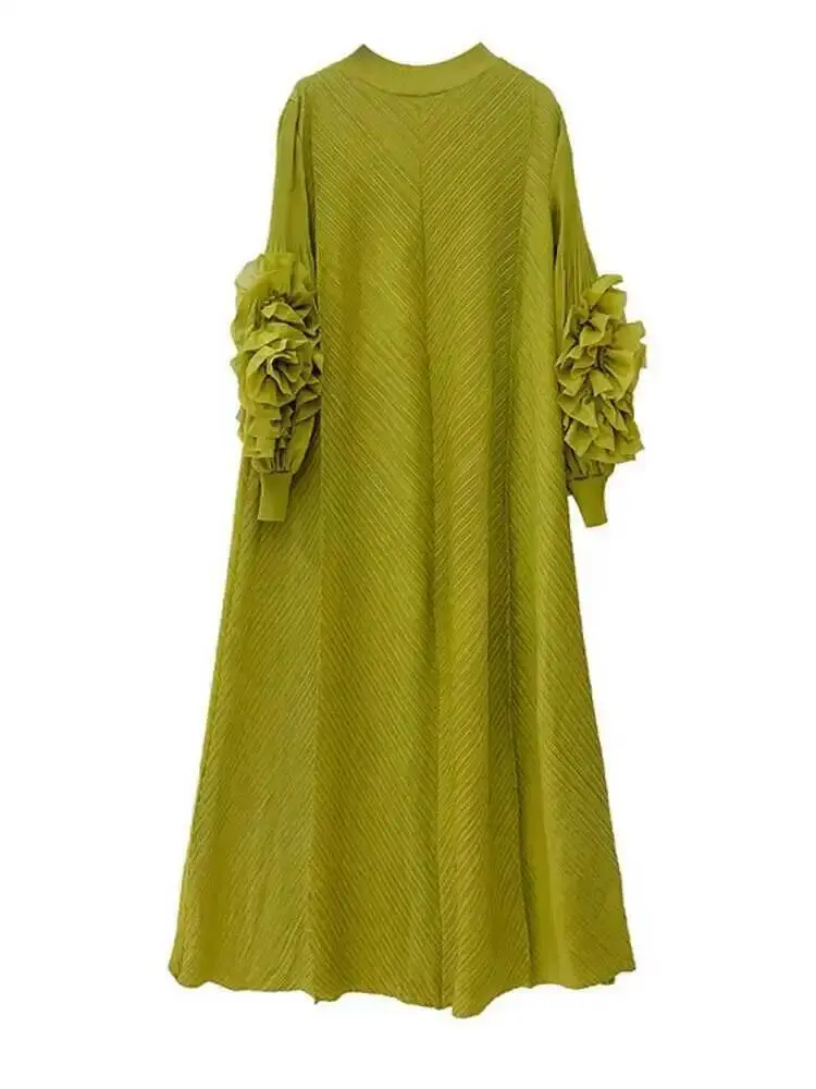 LANMREM Maxi Pleated Dress For Women Wine Red Long Ruffles Sleeves Solid Color Loose Elegant Clothing 2025 Spring New 2DB1827