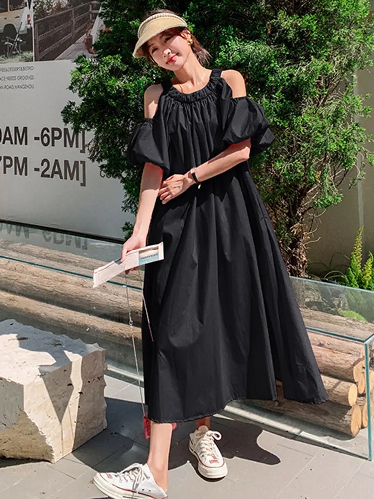 LANMREM Casual Loose Women's Dress Hollow Out Sleeves Design Solid Color A-line Long Dresses Fashion 2024 New Clothing 2AA5170