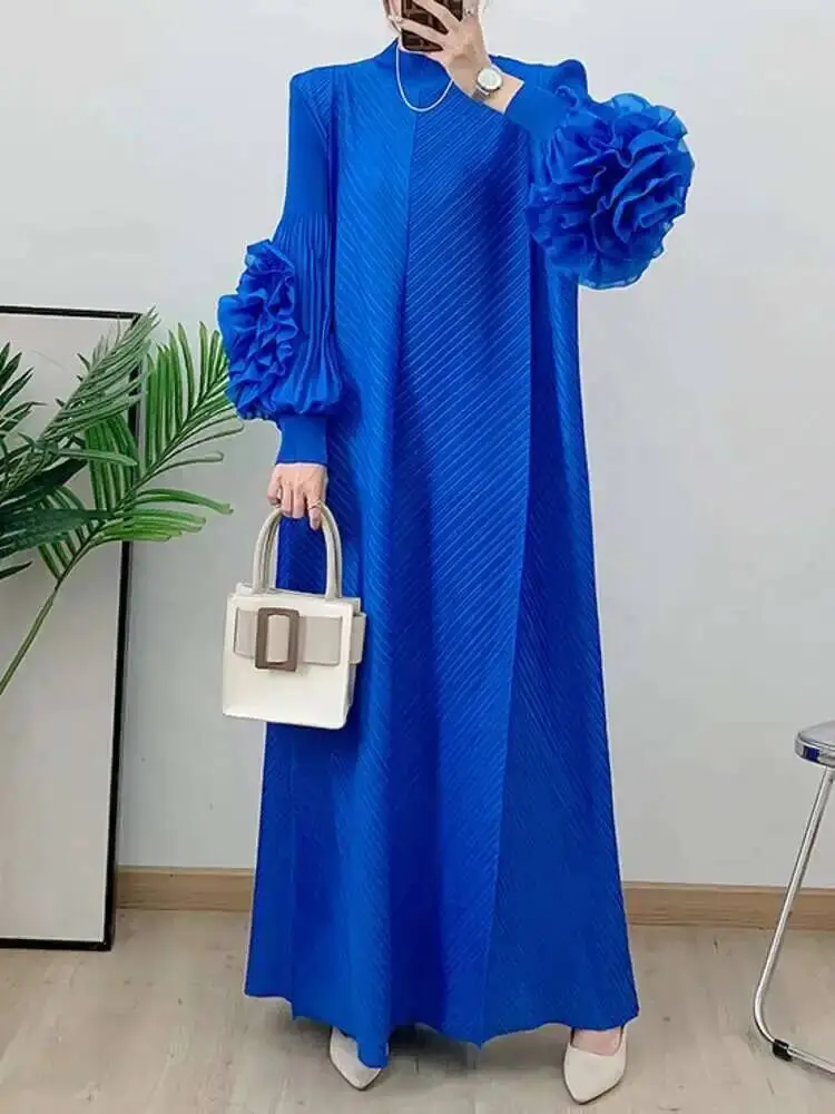 LANMREM Maxi Pleated Dress For Women Wine Red Long Ruffles Sleeves Solid Color Loose Elegant Clothing 2025 Spring New 2DB1827