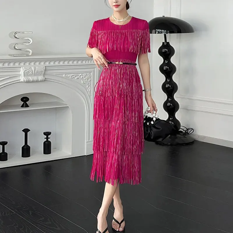 LANMREM Pleated Tassel Patchwork Deisn Summer Dress For Women 2025 New Round Collar Short Sleeve Slim Fit Dresses Chic 2DB2847