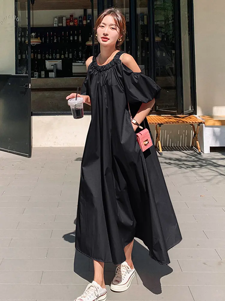 LANMREM Casual Loose Women's Dress Hollow Out Sleeves Design Solid Color A-line Long Dresses Fashion 2024 New Clothing 2AA5170